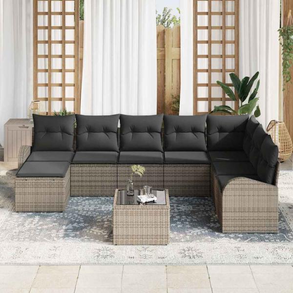 Garten-Sofa-Set 9 Teile Dunkelgrau, Braun Rattan, Polyester
