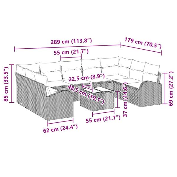 10-teiliges Garten-Sofa-Set mit Kissen Schwarz Poly Rattan