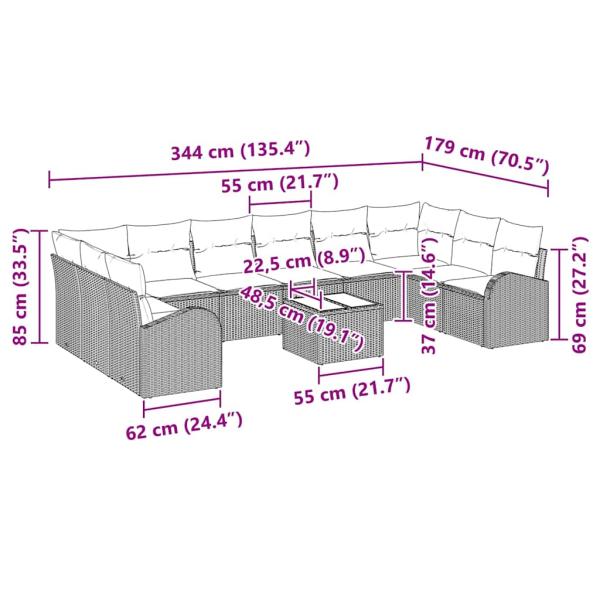11 teiliges Garten Sofa Set mit Kissen Braun Rattan