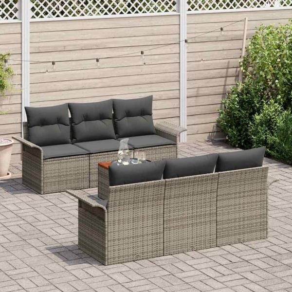7-teiliges Garten Sofaset mit Kissen Grau Poly-Rattan Akazie