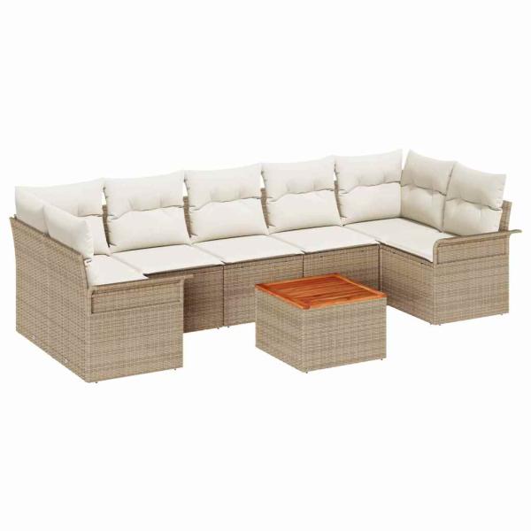 8-teiliges Garten Sofa Set mit Kissen Beige Poly Rattan Akazie