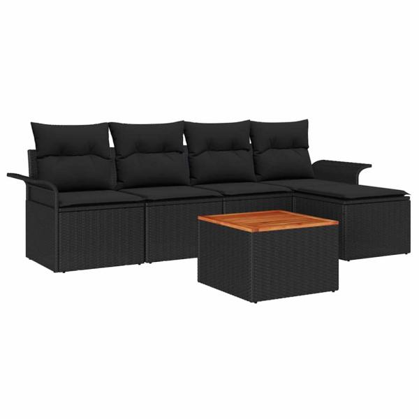 Garten Sofa Set 6 Teile Schwarz und Holzton Poly-Rattan und Holz