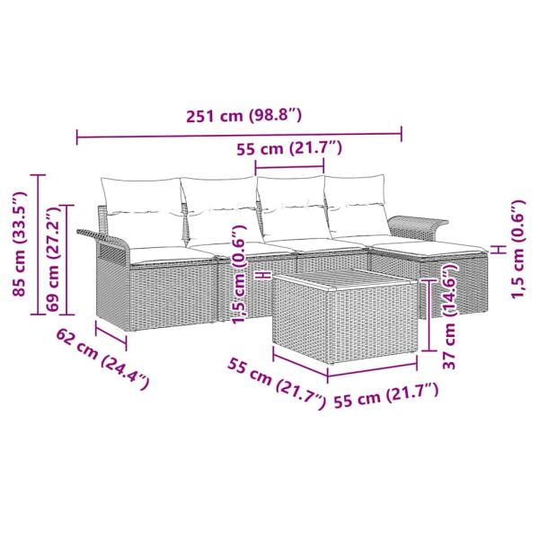 Garten Sofa Set 6 Teile Schwarz und Holzton Poly-Rattan und Holz