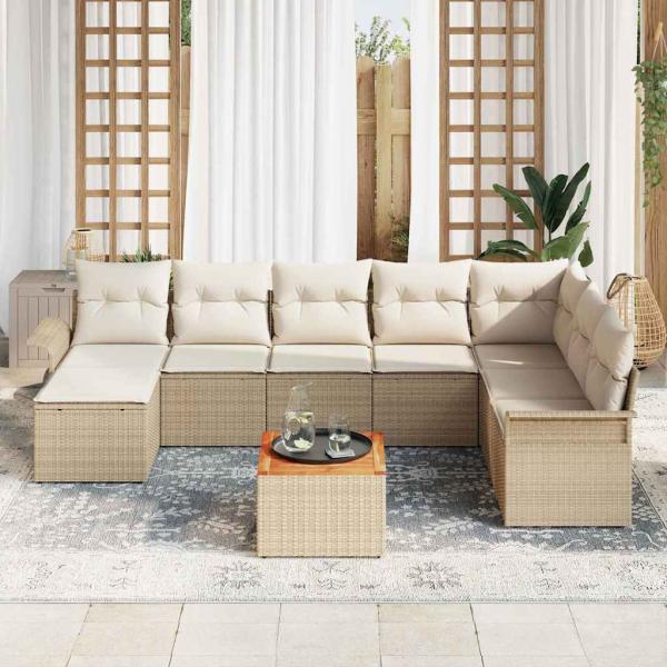 9 teiliges Garten Sofaset mit Kissen Beige Poly Rattan Akazie