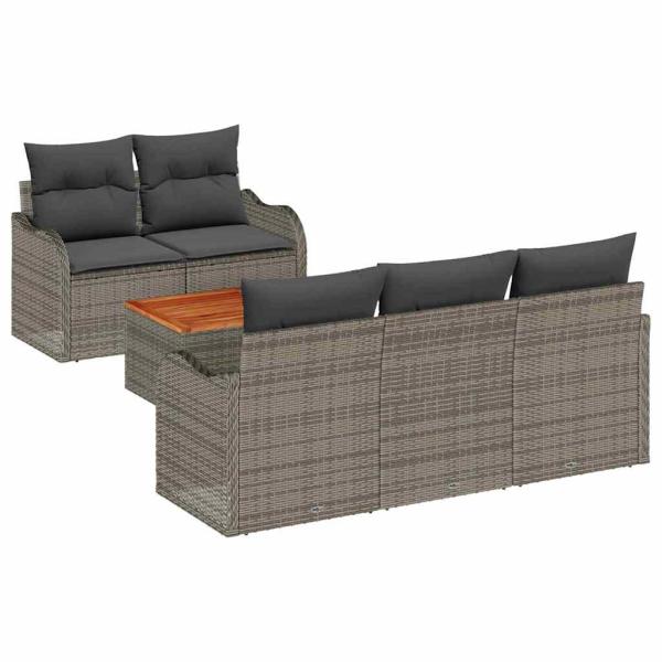 6-teiliges Garten-Sofa-Set mit Kissen Grau Poly-Rattan Akazie, 2-Sitzer Garten-Sofa mit Kissen Grau Poly-Rattan