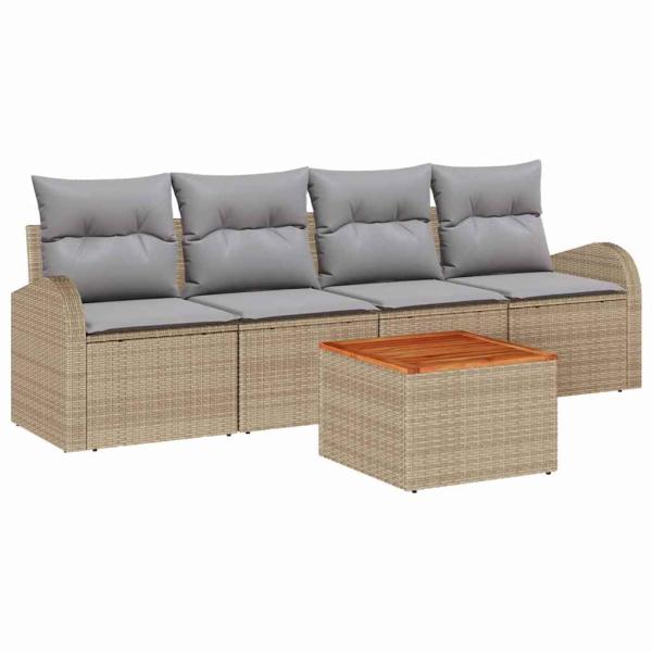 5-teiliges Garten Sofa Set mit Kissen Beige Poly Rattan Akazie