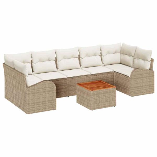 8-teiliges Garten Sofa Set mit Kissen Beige Poly Rattan Akazie