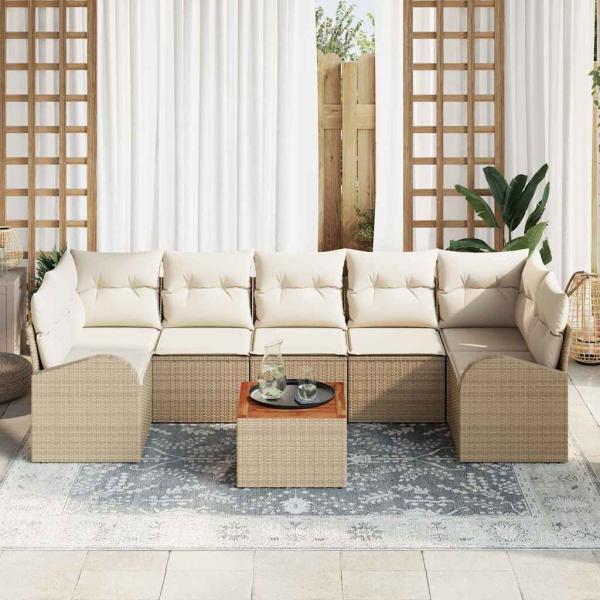 8-teiliges Garten Sofa Set mit Kissen Beige Poly Rattan Akazie
