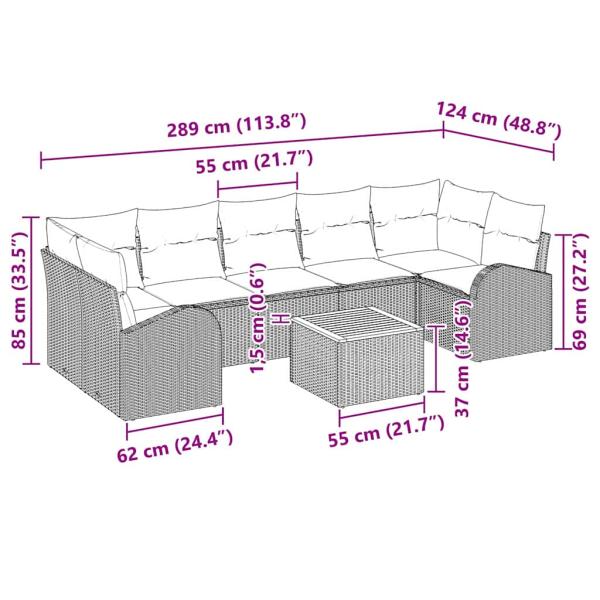 8-teiliges Garten Sofa Set mit Kissen Beige Poly Rattan Akazie
