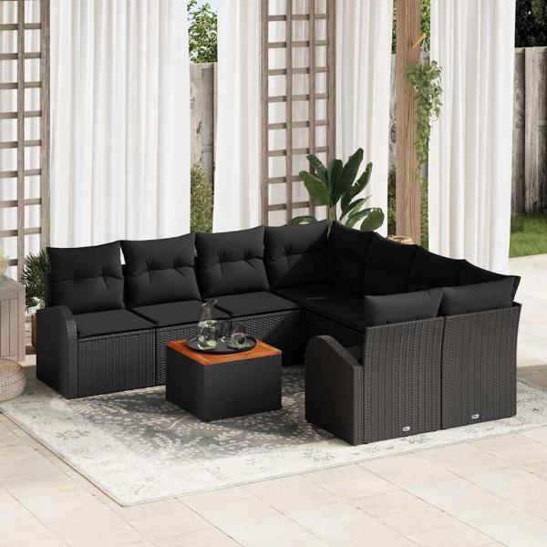 ARDEBO.de - 9-teiliges Garten-Sofa-Set mit Kissen Schwarz Polyrattan Akazie