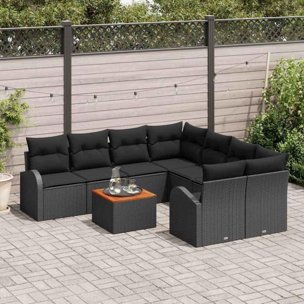 9-teiliges Garten-Sofa-Set mit Kissen Schwarz Polyrattan Akazie