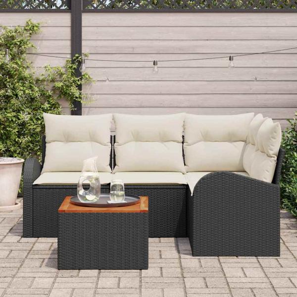 5-teiliges Garten-Sofa-Set mit Kissen Schwarz Poly-Rattan Akazie
