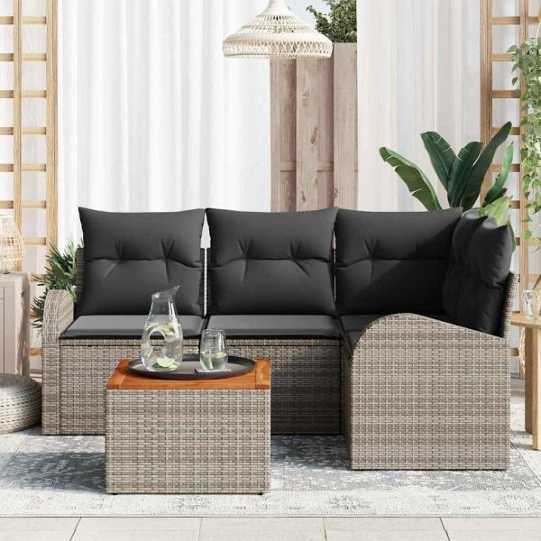 5-teiliges Gartensofa Set mit Kissen Grau Poly Rattan Akazie
