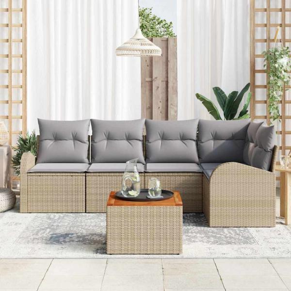 6-teiliges Garten Sofa Set mit Kissen Beige Poly Rattan Akazie