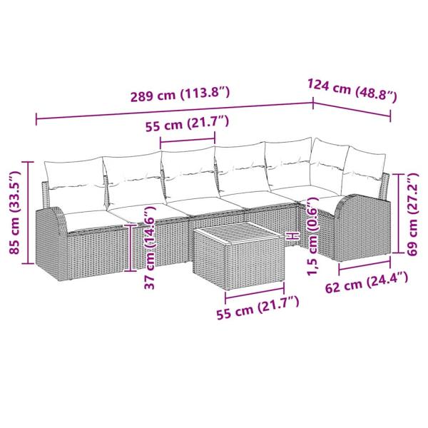 7-teilige Garten Sofa Set mit Kissen Beige Poly Rattan Akazie