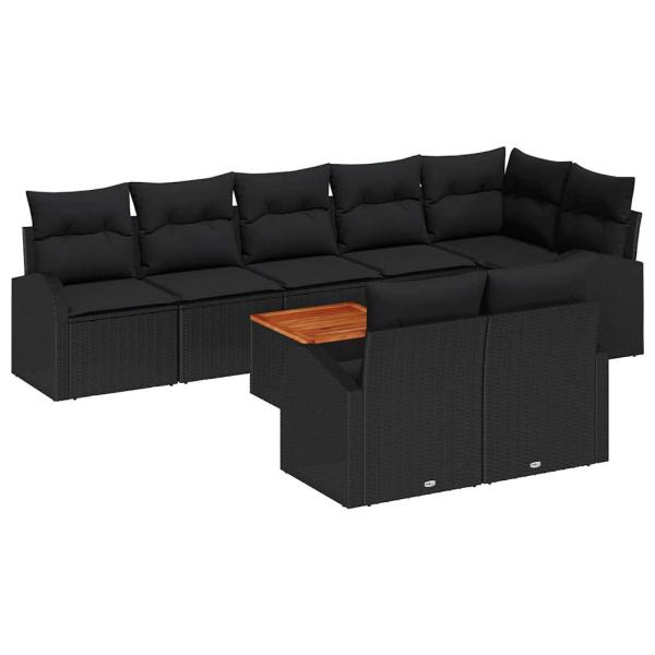 9-teiliges Garten Sofa Set mit Kissen Schwarz Poly Rattan Akazie