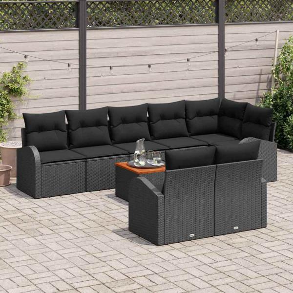 9-teiliges Garten Sofa Set mit Kissen Schwarz Poly Rattan Akazie