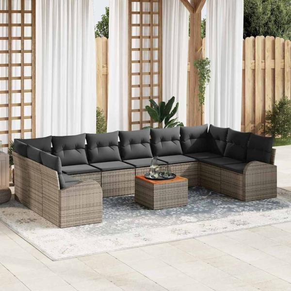 ARDEBO.de - 11-teiliges Garten Sofa Set mit Kissen Grau Poly Rattan Akazie