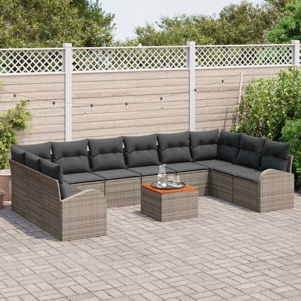 11-teiliges Garten Sofa Set mit Kissen Grau Poly Rattan Akazie