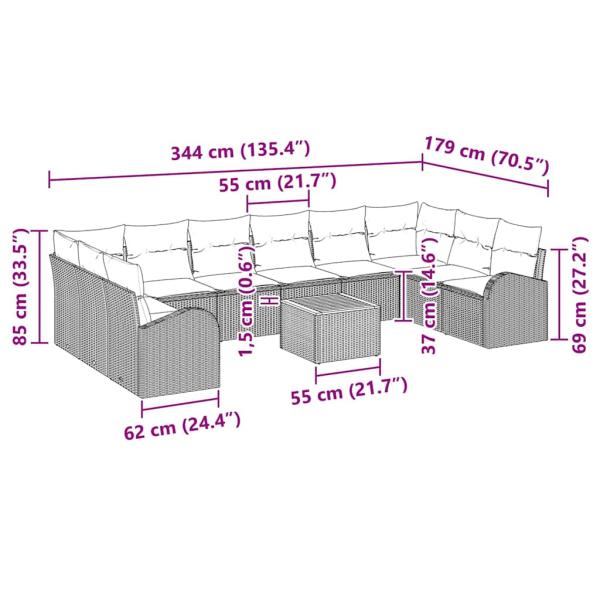 11-teiliges Garten Sofa Set mit Kissen Grau Poly Rattan Akazie