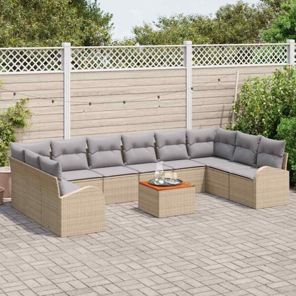 11-teiliges Garten Sofa Set mit Kissen Beige Poly Rattan Akazie