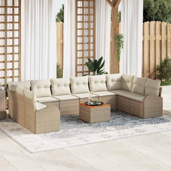 ARDEBO.de - 11-teiliges Garten Sofa Set mit Kissen Beige Poly Rattan Akazie