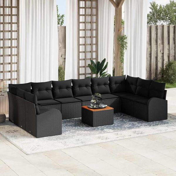 ARDEBO.de - 11-teiliges Garten Sofa Set mit Kissen Schwarz Poly Rattan Akazie