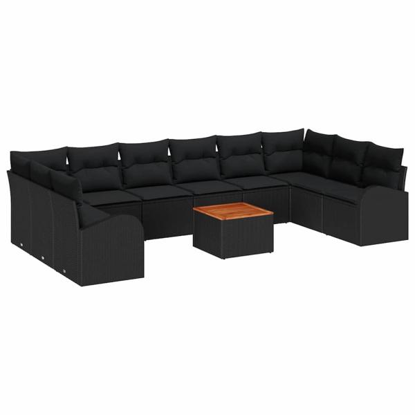 11-teiliges Garten Sofa Set mit Kissen Schwarz Poly Rattan Akazie