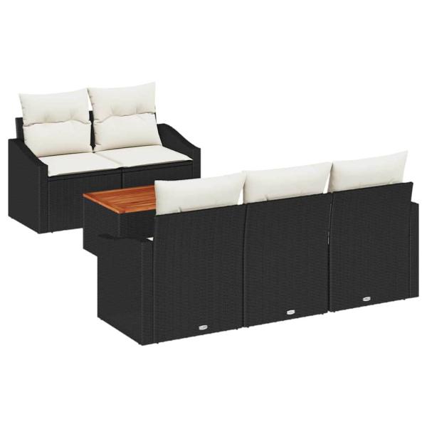 6-teiliges Garten Sofa Set mit Kissen Schwarz Poly Rattan Akazie