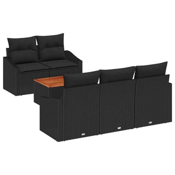 6-teiliges Garten Sofa Set mit Kissen Schwarz Poly Rattan Akazie
