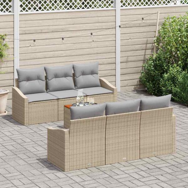 7-teiliges Garten Sofa Set mit Kissen Beige Poly Rattan Akazie