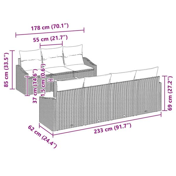 8-teilige Garten Sofagarnitur mit Kissen Schwarz Poly Rattan Akazie