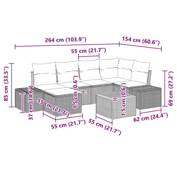 7-teiliges Garten Sofa Set mit Kissen Beige Poly Rattan Akazie