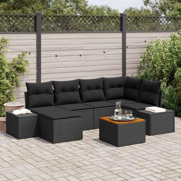 ARDEBO.de - 7-teiliges Garten-Sofa-Set mit Kissen Schwarz Poly Rattan Akazie