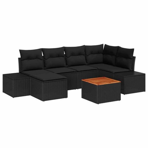 7-teiliges Garten-Sofa-Set mit Kissen Schwarz Poly Rattan Akazie
