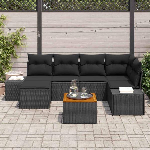 7-teiliges Garten-Sofa-Set mit Kissen Schwarz Poly Rattan Akazie