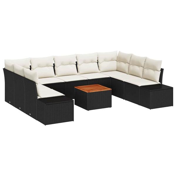 Garten Sofa Set 10-teilig Schwarz und Creme Rattan, Polyesterstoff