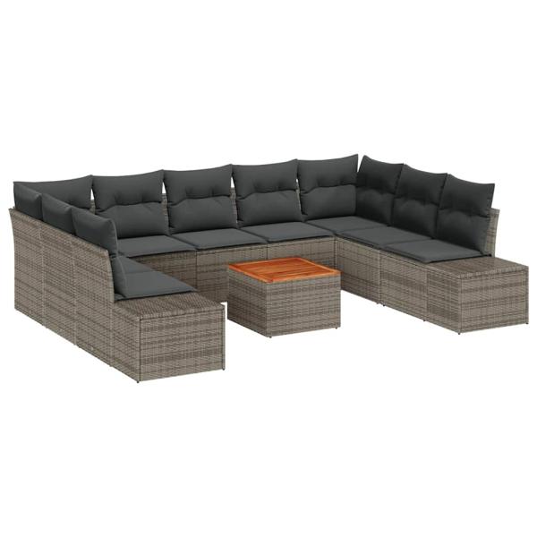 10-teiliges Garten Sofaset mit Kissen Grau Poly Rattan Akazie