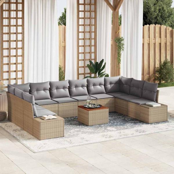 ARDEBO.de - 11-teiliges Garten-Sofa-Set mit Kissen Beige Poly Rattan Akazie