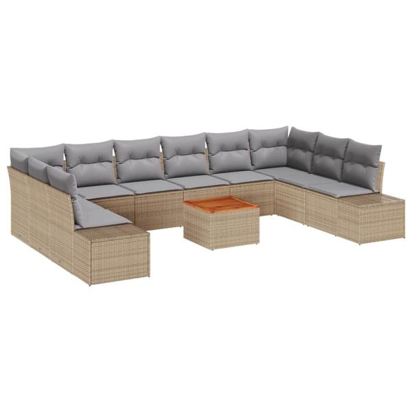 11-teiliges Garten-Sofa-Set mit Kissen Beige Poly Rattan Akazie