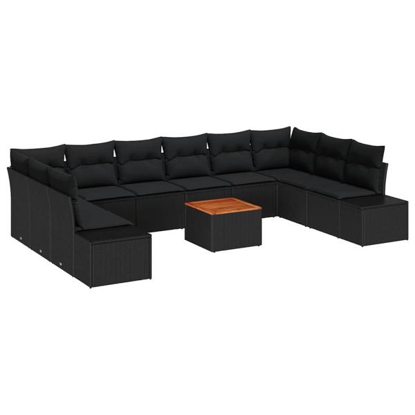 11-teiliges Garten Sofa Set mit Kissen Schwarz Poly Rattan Akazie