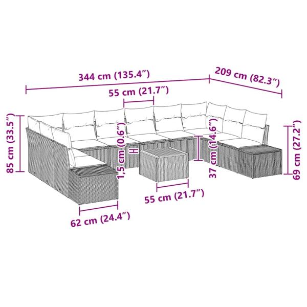 11-teiliges Garten Sofa Set mit Kissen Schwarz Poly Rattan Akazie