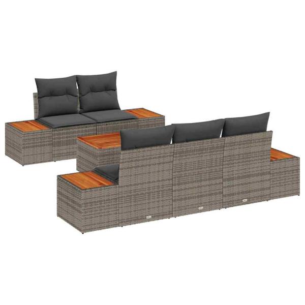 6-teiliges Garten Sofa Set mit Kissen Grau Poly Rattan Akazie