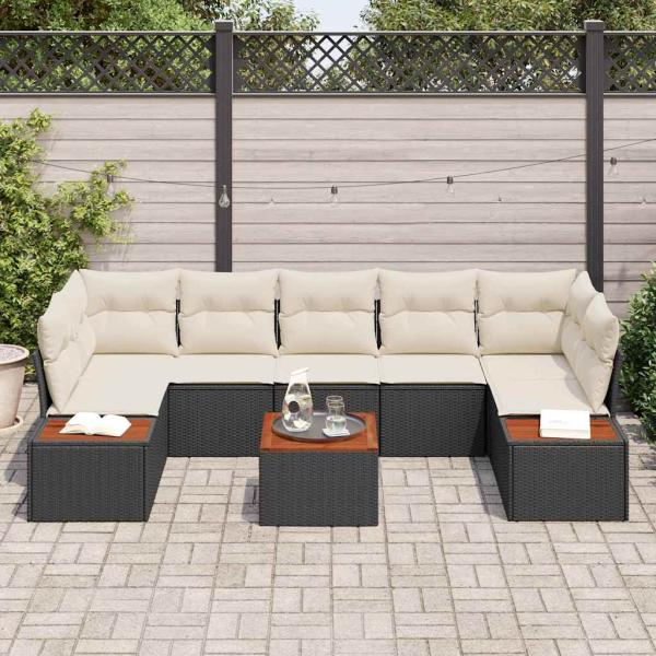 8-teiliges Garten-Sofa-Set mit Kissen Schwarz Poly Rattan Akazie