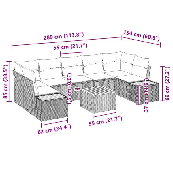 8-teiliges Garten-Sofa-Set mit Kissen Schwarz Poly Rattan Akazie