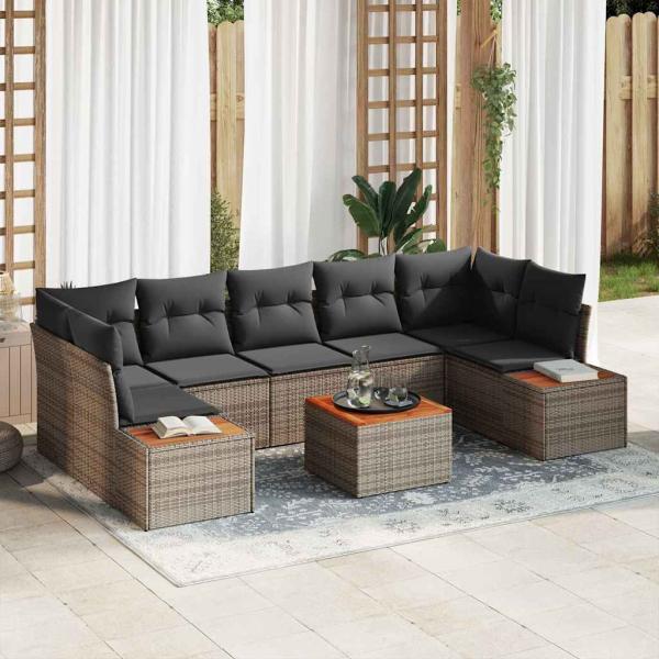ARDEBO.de - 8-teiliges Garten-Sofa-Set mit Kissen Grau Poly-Rattan Akazie
