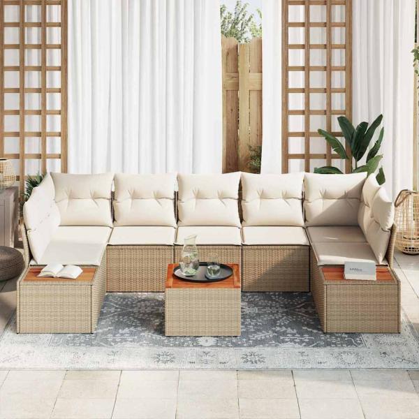 8-teiliges Garten Sofa Set mit Kissen Beige Poly Rattan Akazie