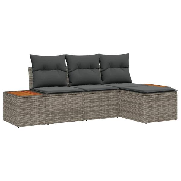 4-teiliges Garten Sofa Set mit Kissen Grau Poly Rattan Akazie