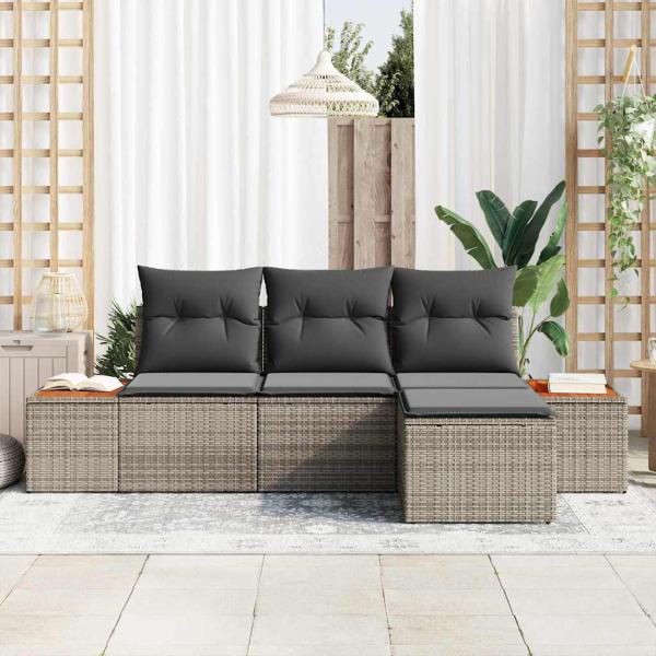 4-teiliges Garten Sofa Set mit Kissen Grau Poly Rattan Akazie