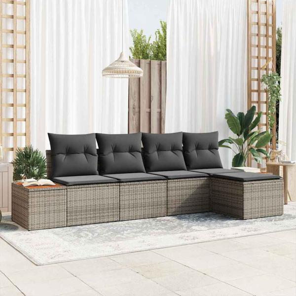 ARDEBO.de - 5-teiliges Garten Sofa Set mit Kissen Grau Poly Rattan Akazie